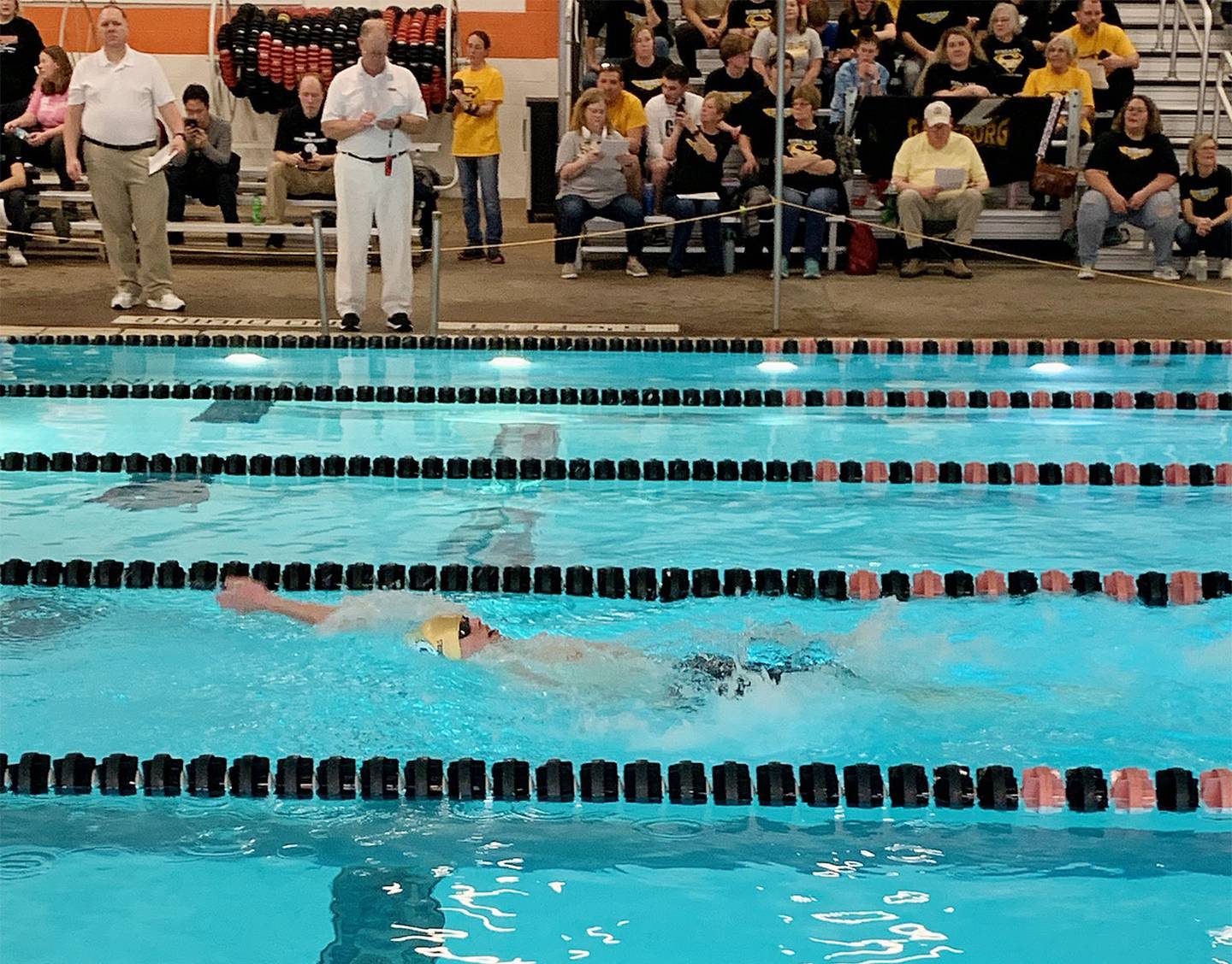 Sterling senior Hunter Lofgren competes in the 100-yard backstroke at the United Township Sectional on Saturday, Feb. 18, 2023 in East Moline.