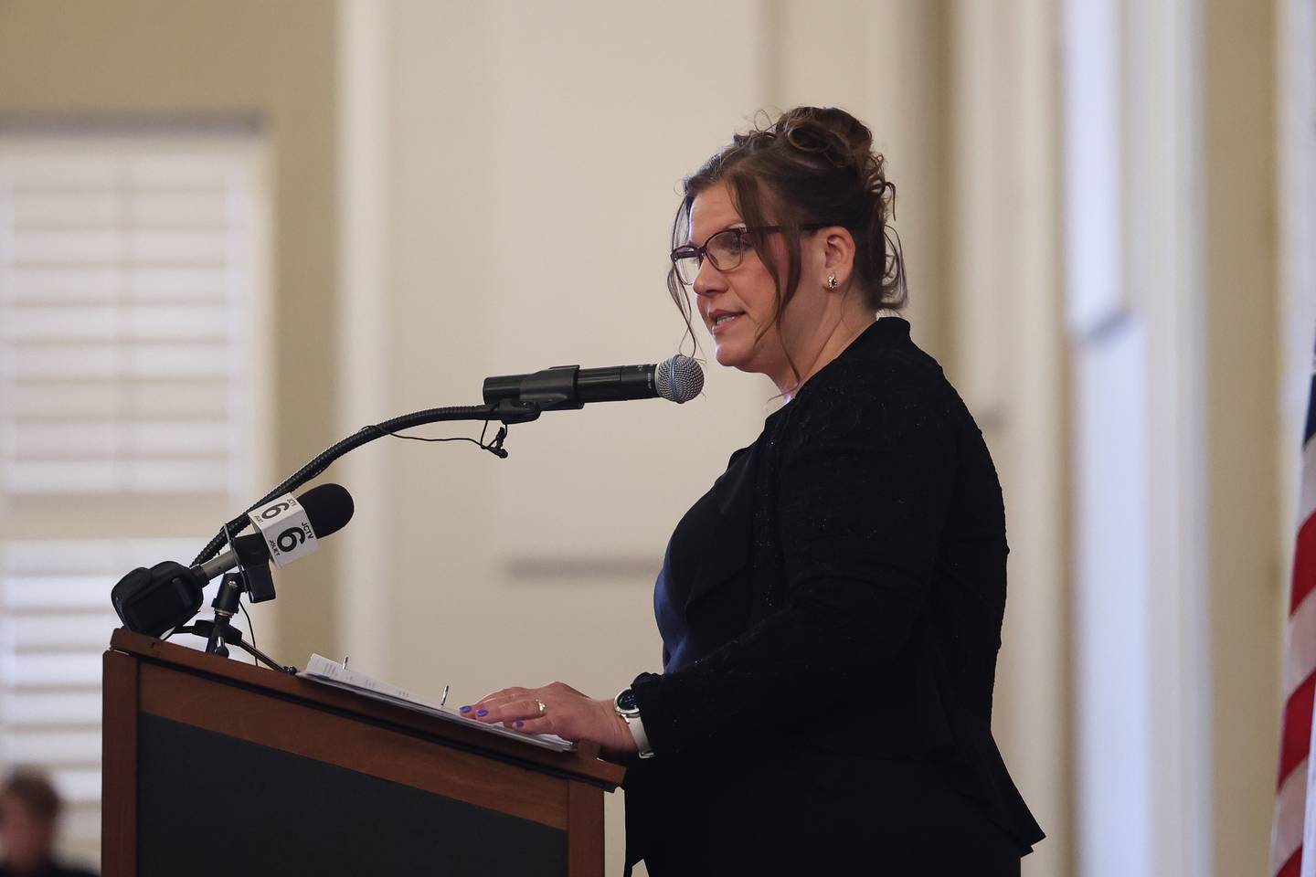 Superintendent Dr. Karla Guseman speaks at the Joliet Township High School’s annual Salute To Service Partnership Recognition dinner on Tuesday, April 9, 2024 in Joliet.