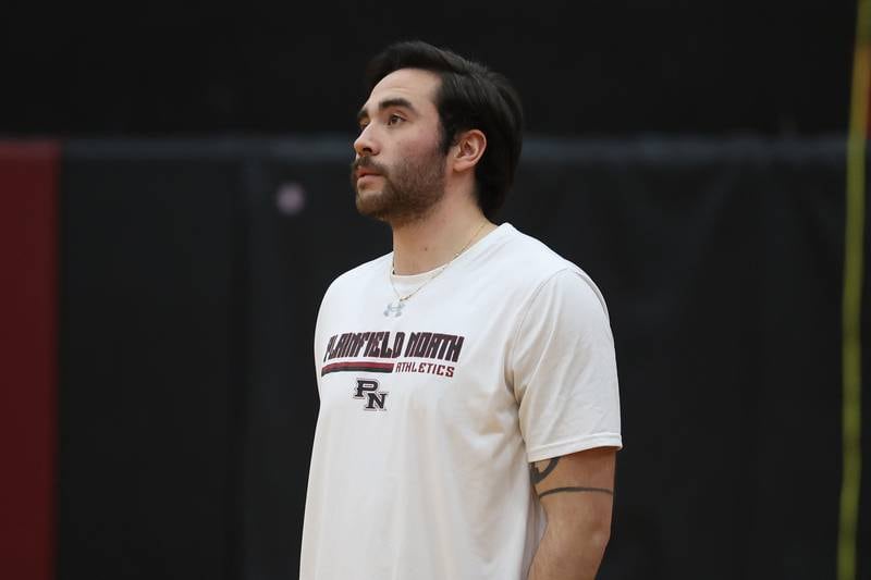 Plainfield North head coach Nick Ramos watches the match against Lincoln-Way East on Tuesday, April 2, 2024.