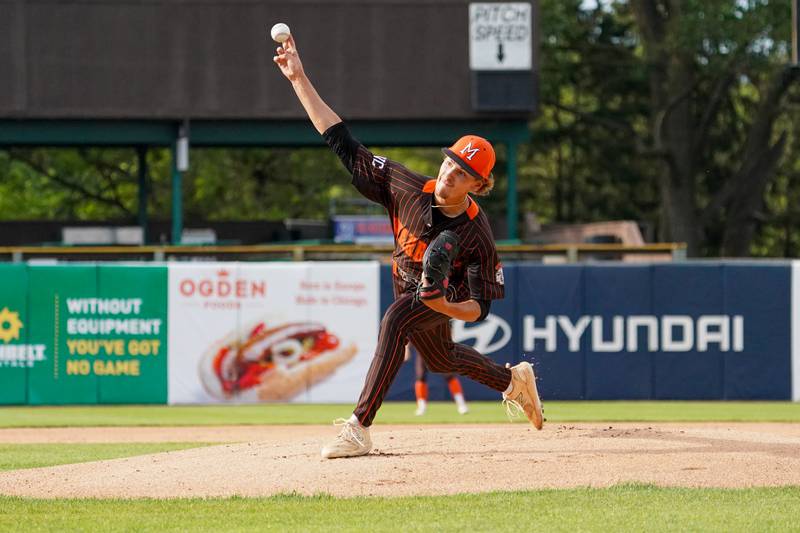 McHenry's Kadin Borck (16) delivers a pitch against York during a class 4A Kane County supersectional baseball game at Northwestern Medicine Field in Geneva on Monday, June 3, 2024.