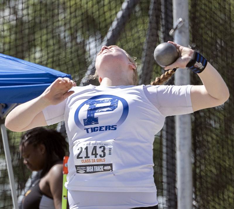 Princeton’s Morgan Foes loads up to throw the shot in the 2A Shot Put Saturday, May 18, 2024 at the IHSA girls state track meet in Charleston.