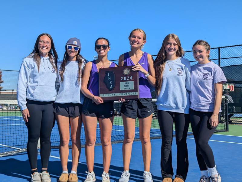 The Dixon girls tennis team is pictured after winning the Class 1A Rochelle Sectional tennis title on Saturday, Oct. 19, 2024. It was Dixon's first sectional title since 2005. Pictured left to right are Rachel Lance, Brooklyn Arjes, Addison Arjes, Grace Ferguson, Arielle Tefiku and Jenna Mustapha.