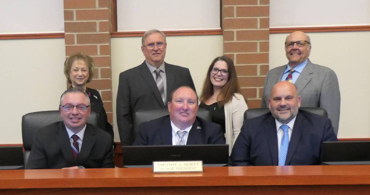 The new Huntley Board, on May 11, 2023, consists of (top row from left to right) trustees Ronda Goldman, John Piwko, Mary Holzkopf and Vito Benigno, (bottom row from left to right) JR Westberg, Village President Timothy Hoeft and Trustee Ric Zydorowicz.