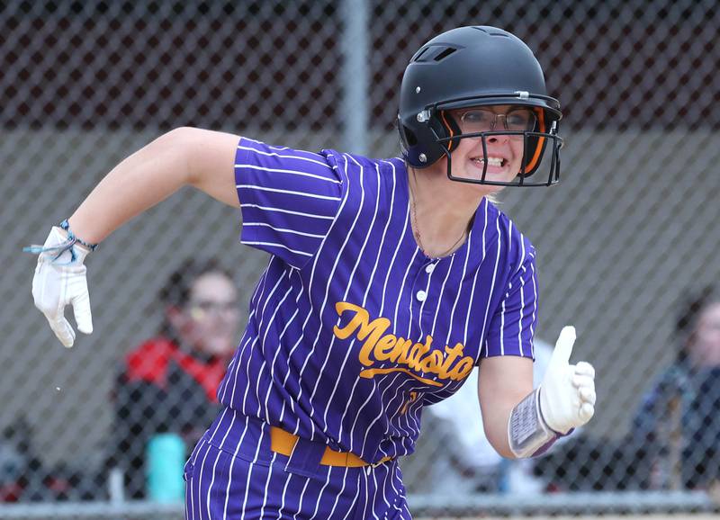 Mendota's Peri Manning hustles down the line during their game against Indian Creek Thursday, March 14, 2024, at Indian Creek High School in Shabbona.