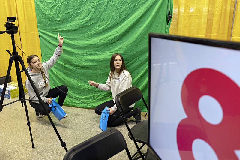 Averie Payne (left) and Maddy Bryant of Rock Falls Middle School check out a green screen Friday, Oct. 20, 2023 during the Pathways Playground event at SVCC.