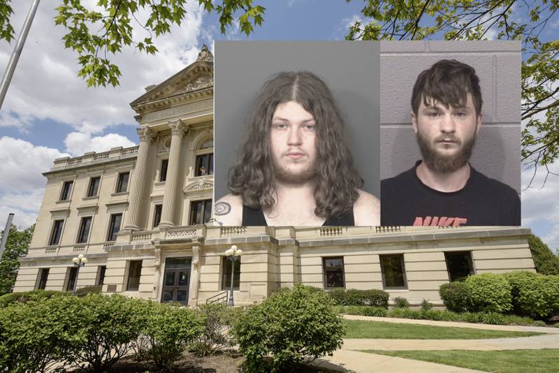 (From left) Kyler R. Powell, 21, and Nickolas G. Powell, 22, were arrested by DeKalb police during a traffic stop in the 300 block of North Fourth Street on Tuesday, June 25, 2024, according to a news release from the DeKalb Police Department. The men were wanted in connection with a May 9, 2024, warrant search and major drug bust at a residence in the 300 block of Linden Place by DeKalb police, authorities said Friday. (Inset photos provided by DeKalb Police Department, DeKalb County Jail)