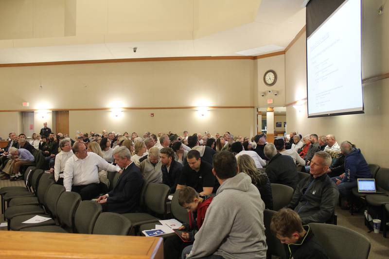 Crystal Lake residents attend a city council meeting on Feb. 20, 2024 in opposition of a truck terminal request made by NVA Transportation.