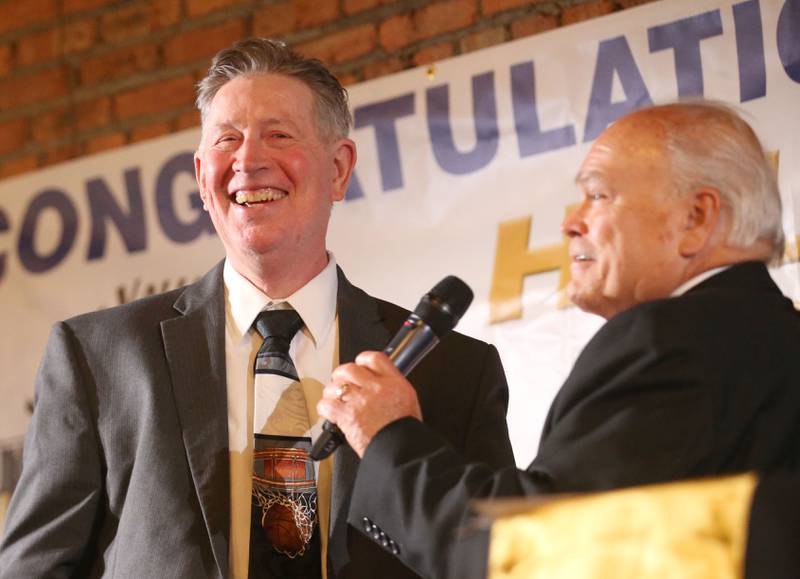 Mike Kilmartin smiles as he is interviewed by Rick Sipovic during the Illinois Valley Sports Hall of Fame awards banquet on Thursday, June 6, 2024 at the Auditorium Ballroom in La Salle.