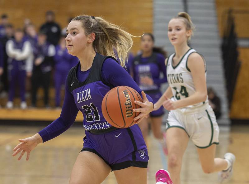 Dixon’s Reese Dambman drives to the hoop against Boylan Friday, Feb. 16, 2024 at the class 3A Rochelle girls basketball regional.