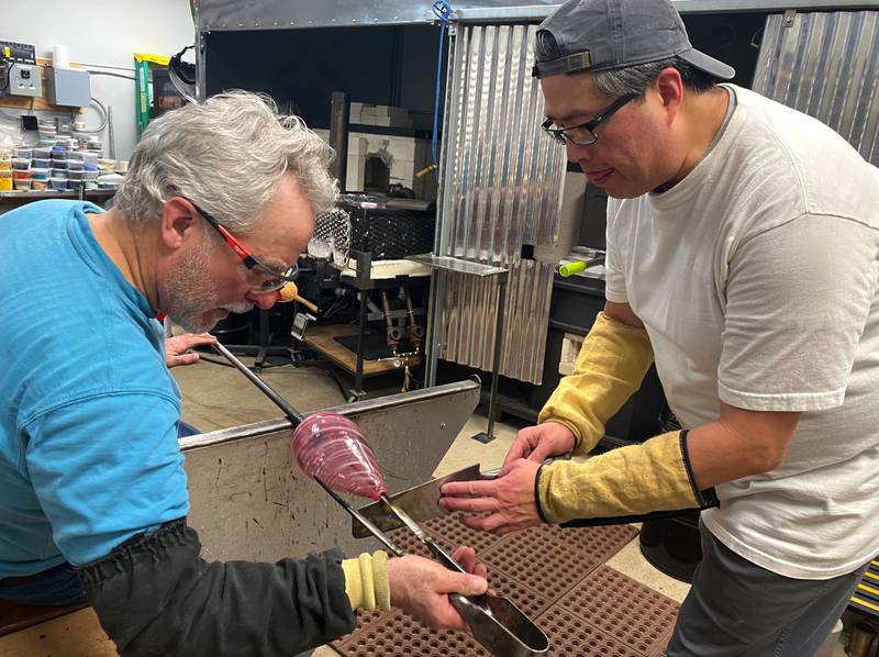 Glassblowers at Fine Line Arts Studio in St. Charles. The Fox River Arts Ramble is June 8, 2024. Fine Line is participating.