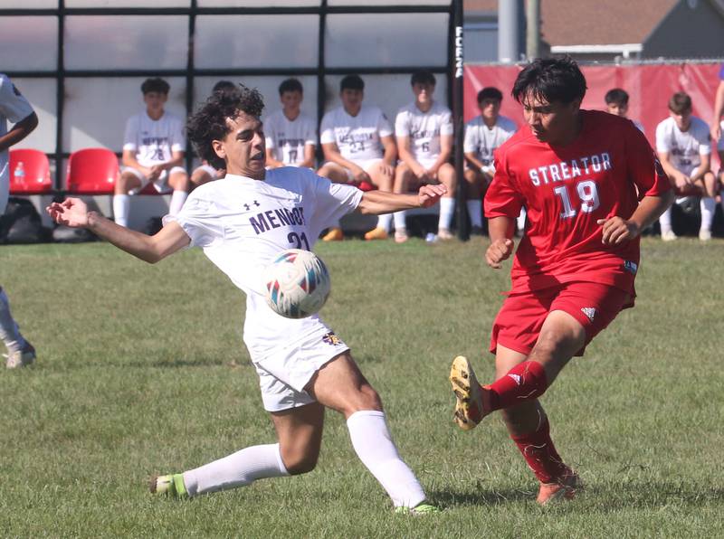 Streator's Jordy Sanchez kicks the ball away from Mendota's Sam Matura on Saturday, Aug. 31, 2024 at James Street Recreation Area in Streator.