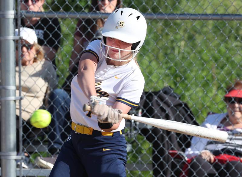 Sterling's Ady Waldschmidt takes a cut during their Class 3A sectional semifinal against Prairie Ridge Wednesday, May 29, 2024, at Sycamore High School.