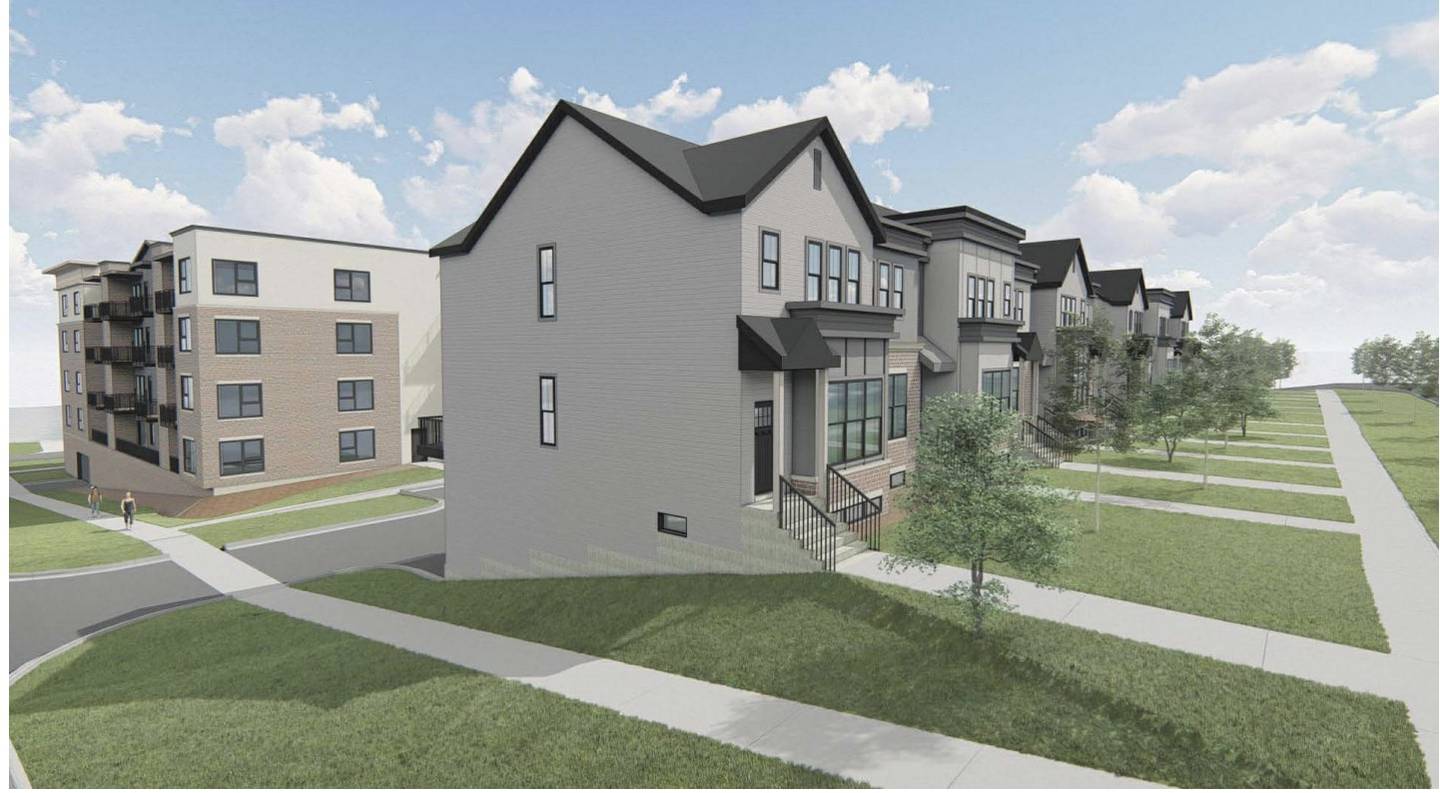 A rendering of the 12 townhouse units proposed by Benchmark Developers. Two six-unit townhouses and a five-story 114-unit apartment complex are proposed for a 1.2 acre city block in the Geneva Historic District.