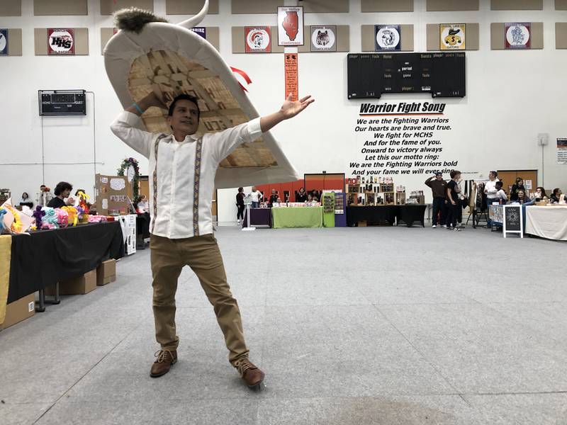 Jose Barrada, of Carnaval Tradicional del Torito, takes his turn at with a traditional dance on Saturday, April 6, 2024, at McHenry High School's first-ever Multicultural Fair.