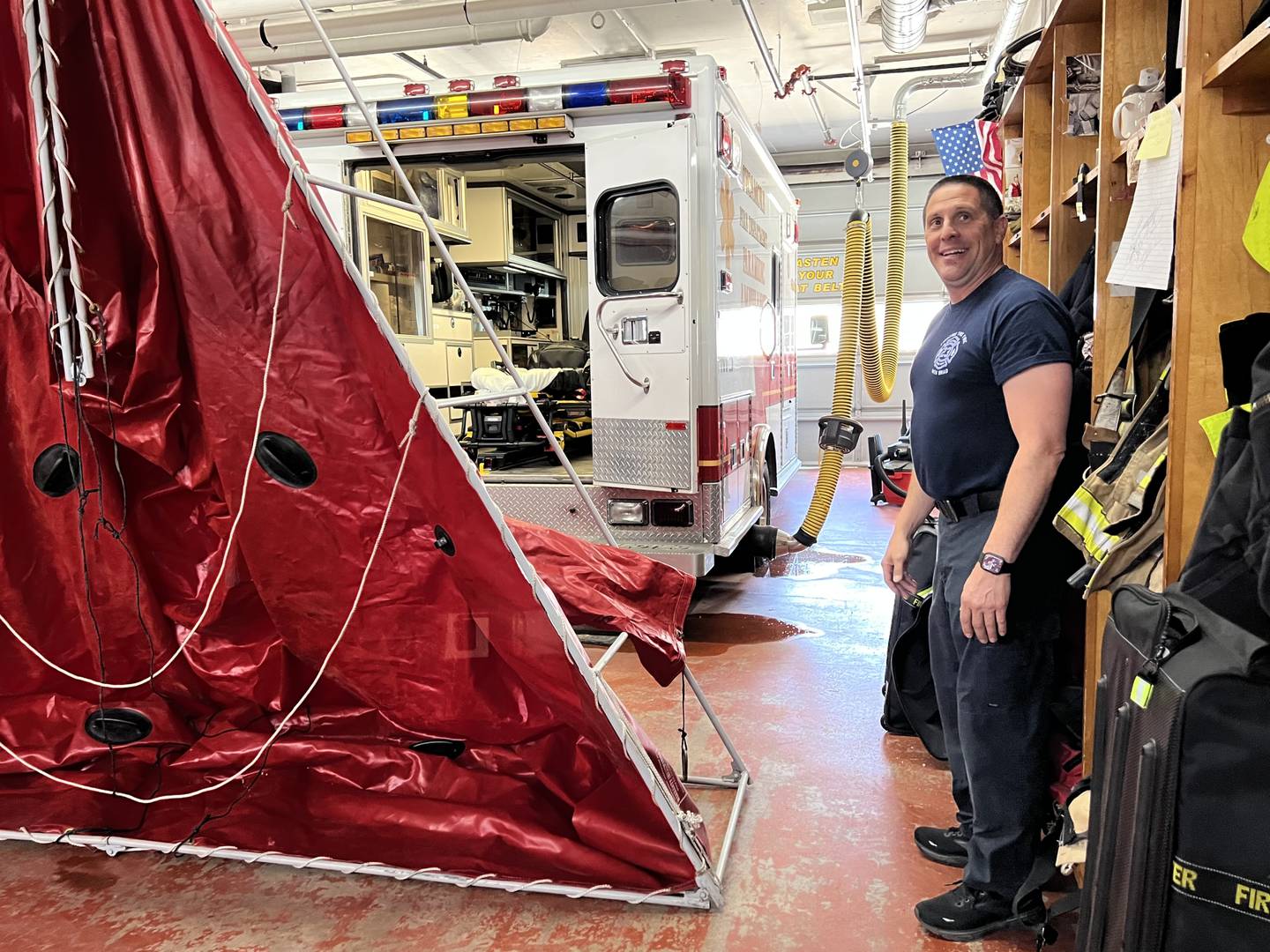 Sycamore firefighter, paramedic and paramedic coordinator, Bill Reynolds said water doesn't flow to the floor drains in the engine bay because of ground shift on June 9, 2023.