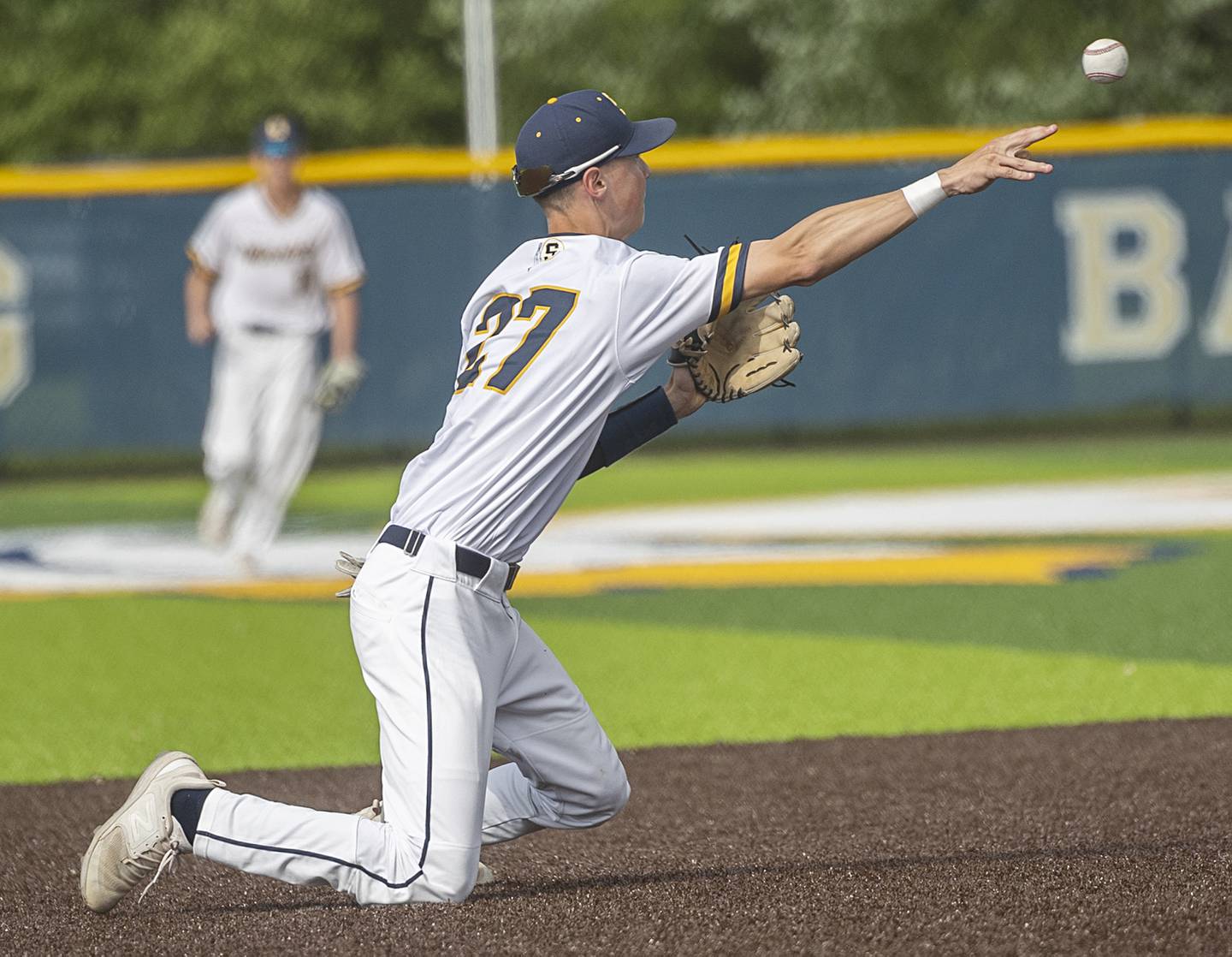 Sterling’s Bryce Hartman throws to second for an out against Rochelle Monday, May 20, 2024 the class 3A regional quarterfinal.