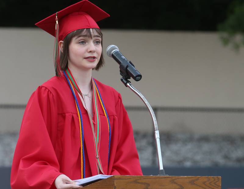 La Salle-Peru Township High School student board president Nora Maier, delivers a speech during the 126th annual commencement graduation ceremony on Thursday, May 16, 2024 in Howard Fellows Stadium.