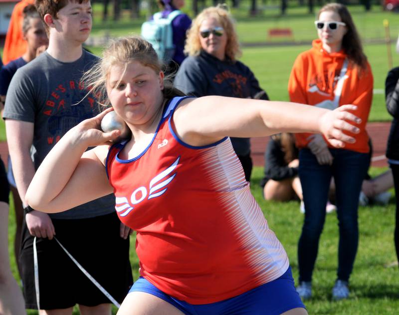 Oregon's Noelle Girton winds up to throw the shot put at the 1A Oregon Sectional on Friday. May 10, 2024. She finished ninth with a personal best throw of 8.87 meters, 29' 1.25".