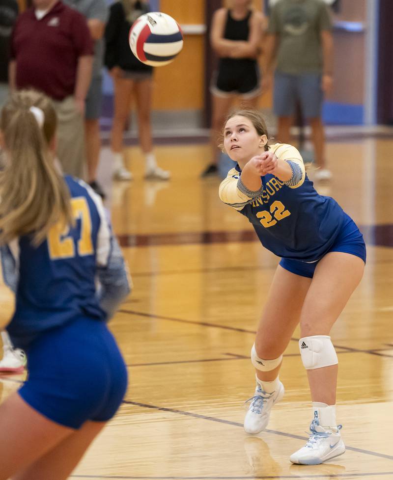 Johnsburg's Kaylee Pyles returns a serve during their game against Richmond-Burton on Monday, August 26, 2024 at Richmond-Burton High School in Richmond.