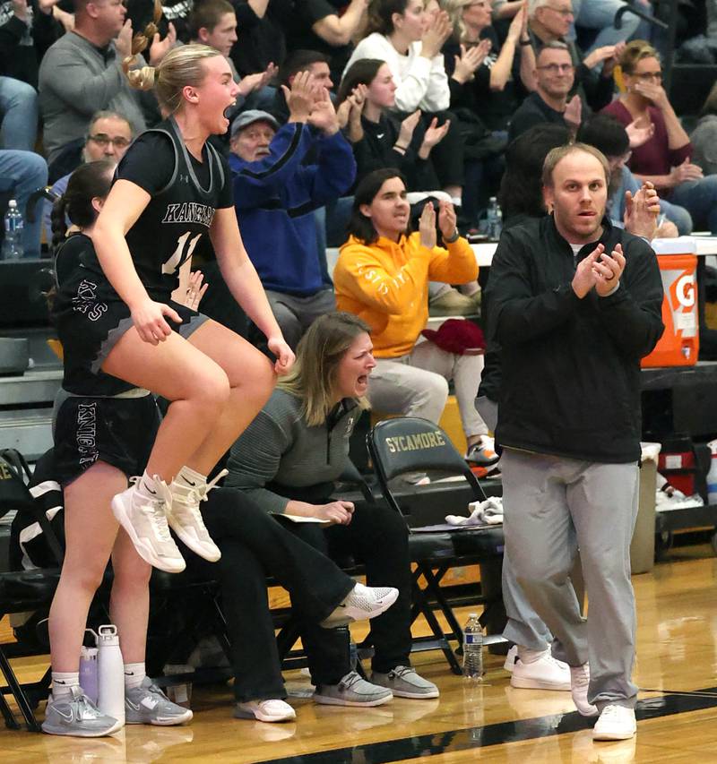 Kaneland's Berlyn Ruh celebrates a big basket during their Class 3A sectional semifinal against Sycamore Tuesday, Feb. 20, 2024, at Sycamore High School.