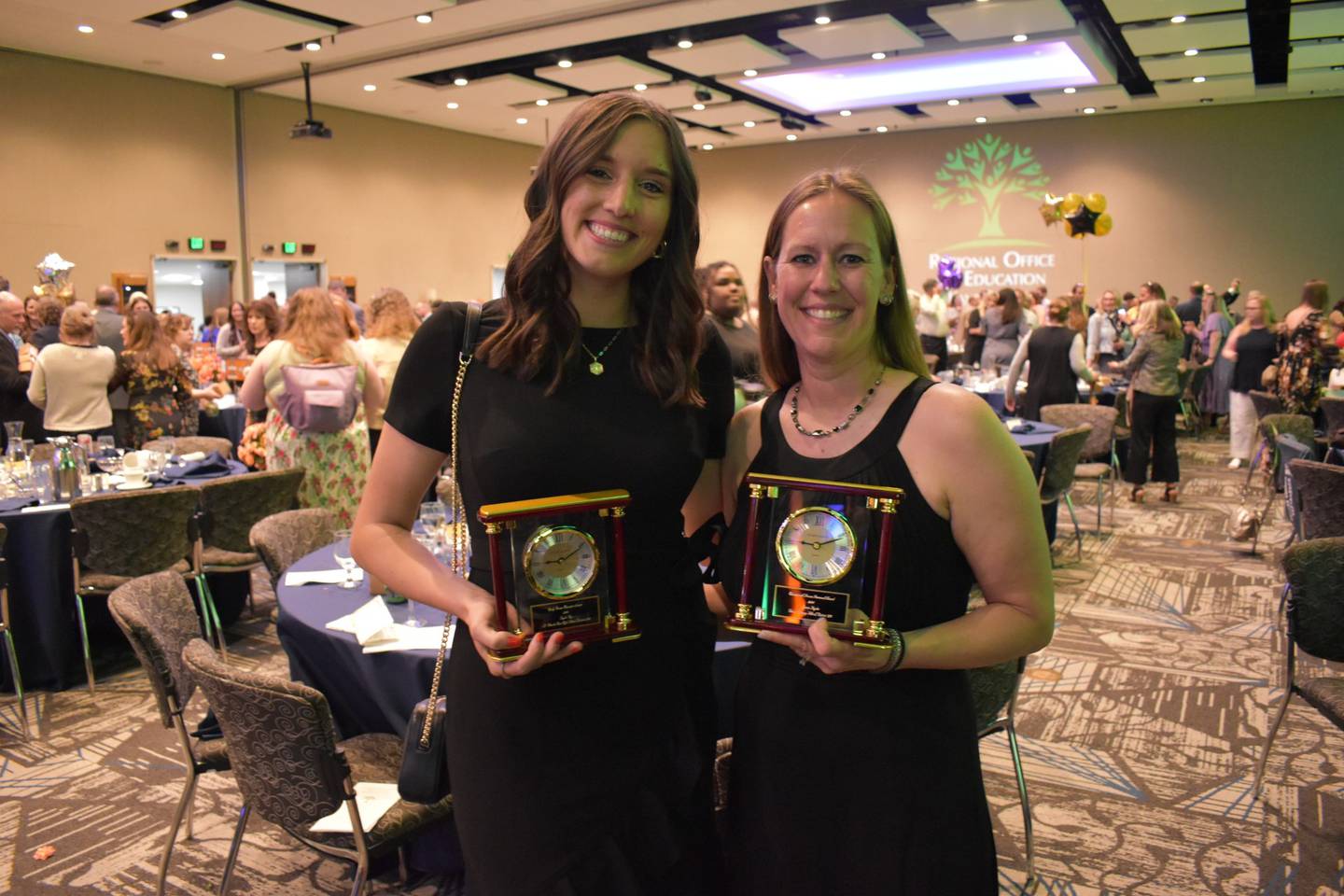 District 303 award recipients Taylor Cyr (left) and Jamie Snyder at the 48th Educator of the Year Banquet on Friday, May 3, 2024, at the Q Center in St. Charles.