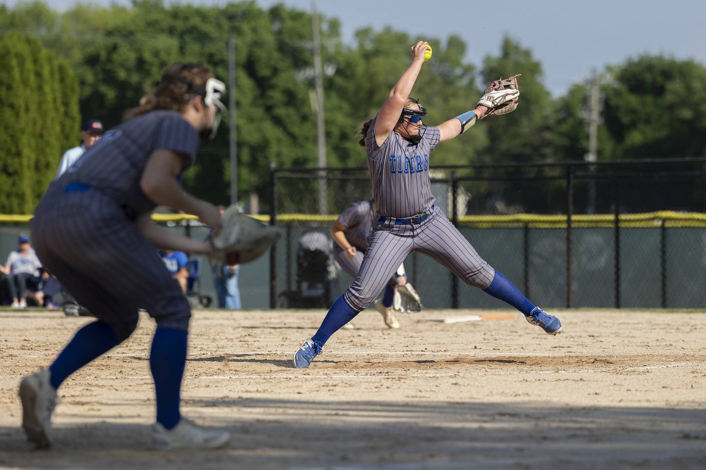 Princeton’s Avah Oertel fires a pitch against Rock Falls Wednesday, May 15, 2024 a the Class 2A regional softball semifinal.