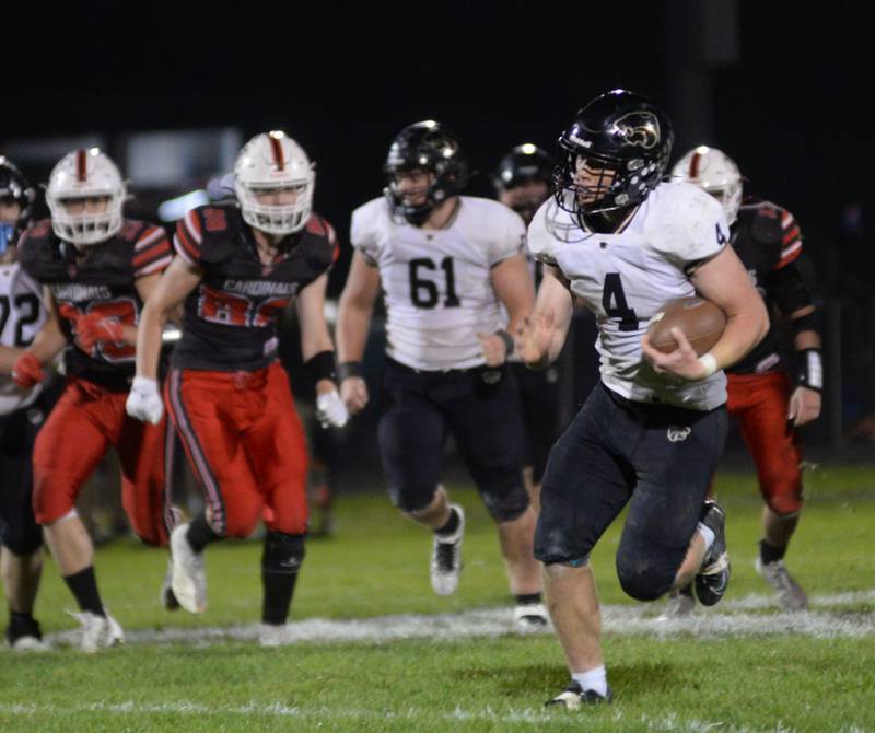 Lena-Winslow's Gage Dunker runs for a big gain against Forreston during Friday, Oct. 20, 2023 action at Forreston High School. Dunker had 1,400 yards rushing going into the game and rushed for more than 200 yards with the 8-0 Panthers.