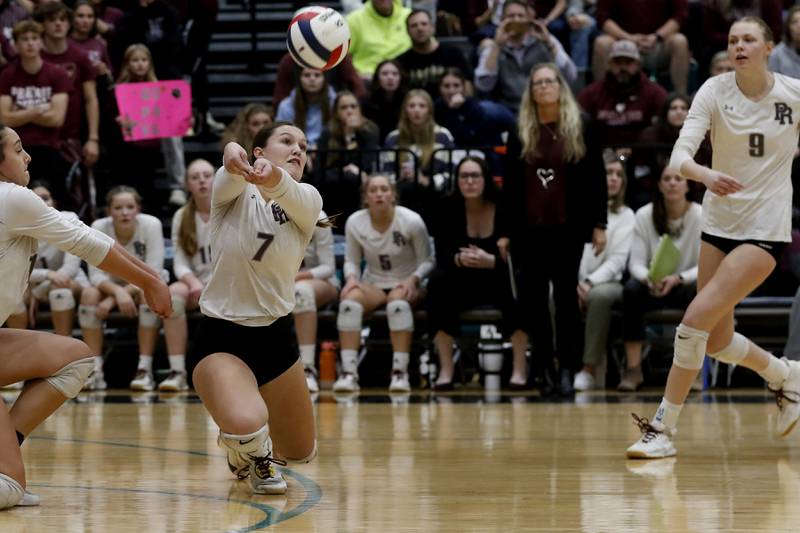 Prairie Ridge's Addison Gertz tries to play the ball during the Class 3A Woodstock North Sectional finals volleyball match on against Belvidere North Wednesday, Nov. 1, 2023, at Woodstock North High School.