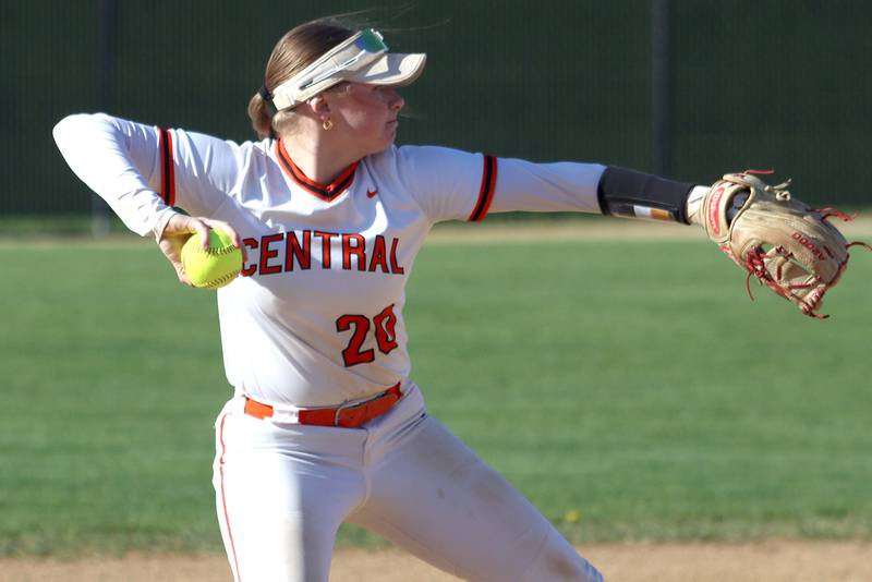 Crystal Lake Central’s Kate Show tosses to first base for an out against Woodstock North in varsity softball at Crystal Lake Friday.