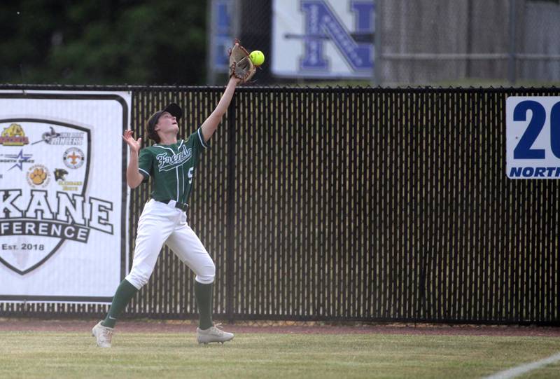 Fremd’s Avery Sadorf misses the catch in right field during a Class 4A St. Charles North Sectional semifinal against St. Charles North on Tuesday, May 30, 2023.