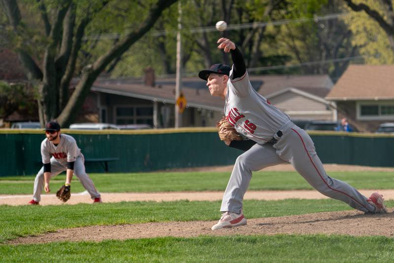 Yorkville's Simon Skroch (16) delivers a pitch against West Aurora during a baseball game at West Aurora High School on Monday, April 24, 2023.