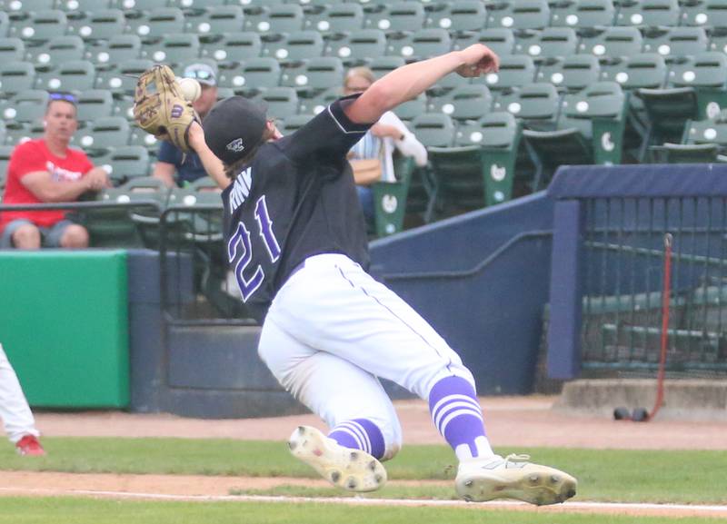 Wilmington's Lucas Rink catches a attempted bunt against St. Anthony during the Class 2A State semifinal game on Friday, May 31, 2024 at Dozer Park in Peoria.