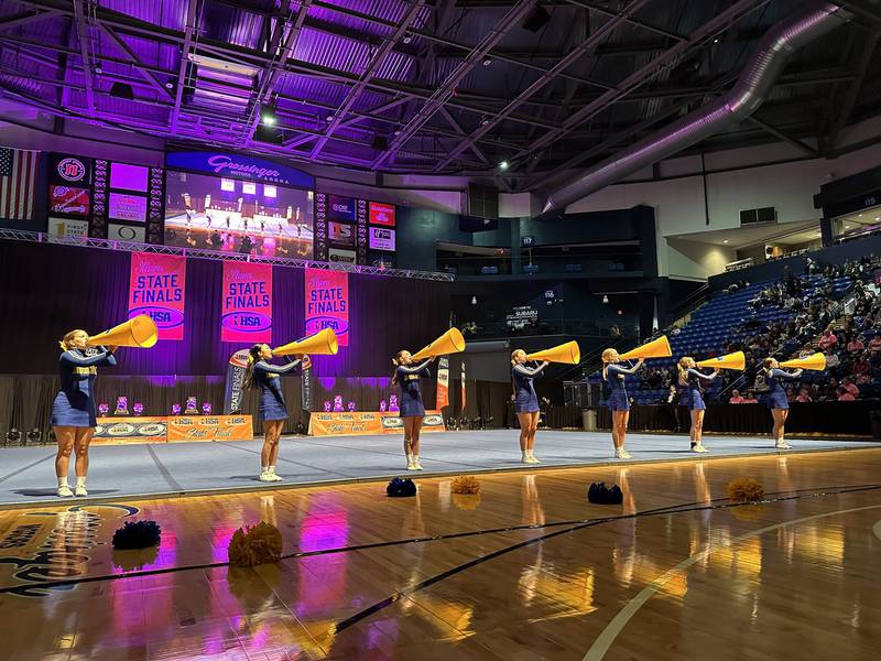 Members of the Somonauk cheer team perform during the IHSA Cheer State Finals in Grossinger Motors Arena on Saturday, Feb. 4, 2023 in Bloomington.