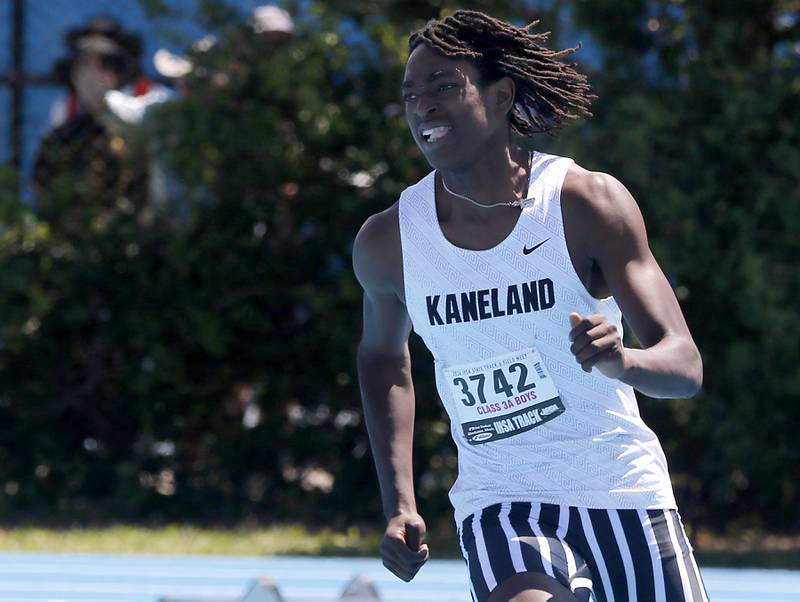 Kaneland’s Fredrick Hassan competes in the high jump during the IHSA Class #A Boys State Track and Field Championship meet on Saturday, May 25, 2024, at Eastern Illinois University in Charleston.