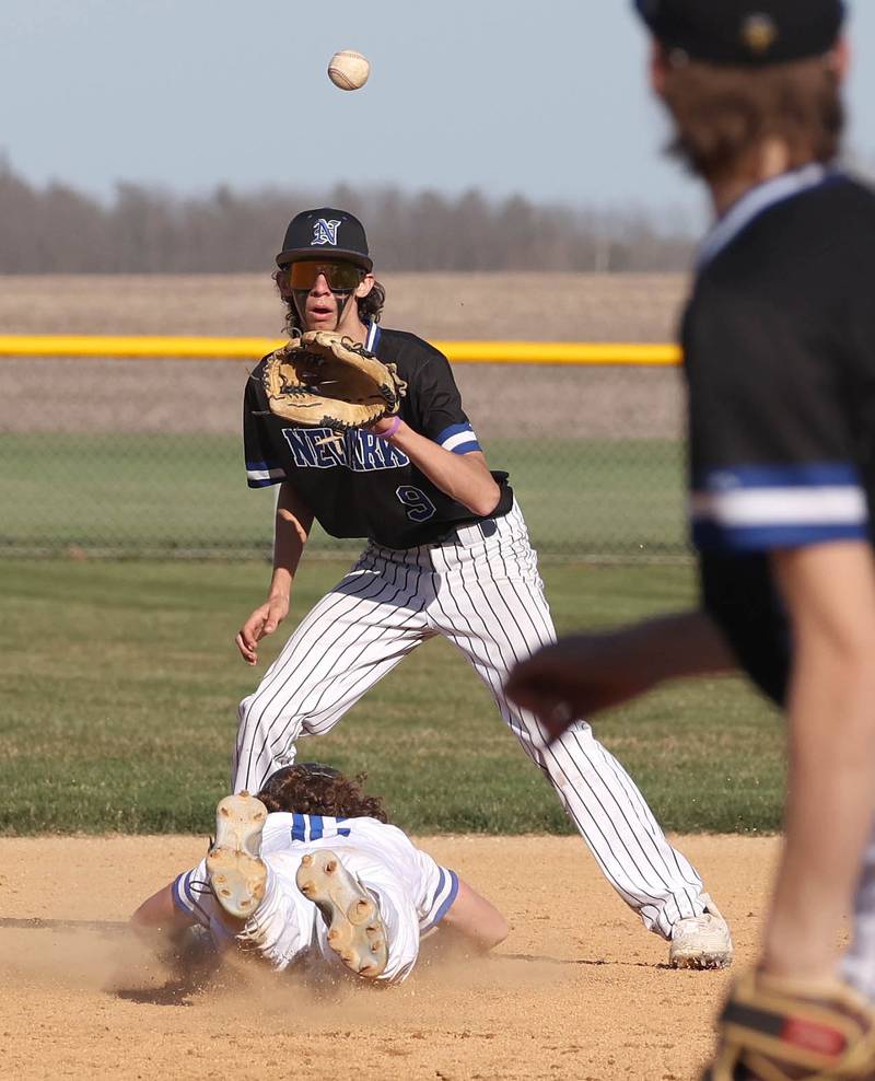 Hinckley-Big Rock’s Saje Beane dives back into second just ahead of the throw to Newark's Kiptyn Bleuer Monday, April 8, 2024, during their game at Hinckley-Big Rock High School.