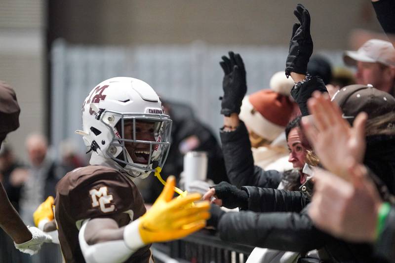 Mt. Carmel's Darrion Dupree (6) smiles after scoring his 4th touchdown of the game against Batavia during a class 7A semifinal football playoff game at Mt. Carmel High School in Chicago on Saturday, Nov 18, 2023.