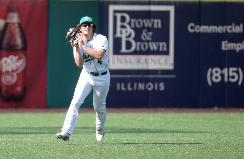 York’s Matt Barton makes a catch in left field during a Class 4A state semifinal game against Edwardsville at Duly Health and Care Field in Joliet on Friday, June 9, 2023.