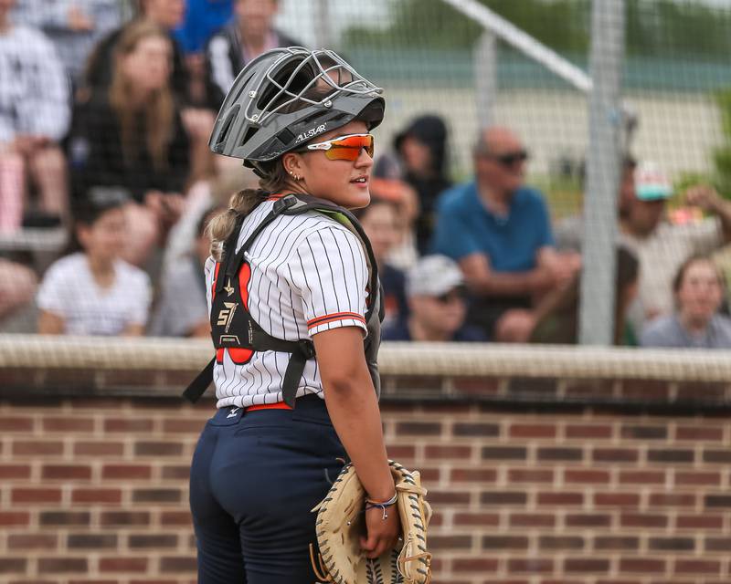 Oswego's Kiyah Chavez (10) in between innings during Class 4A Oswego Regional final softball game between Yorkville at Oswego. May 24th, 2024.