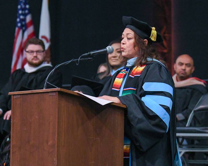 DeKalb School District 428 superintendent Minerva Garcia-Sanchez gives her commencement speech during the 2024 DeKalb High School commencement ceremony on Saturday, May 25, 2024, at the Northern Illinois University Convocation Center in DeKalb.