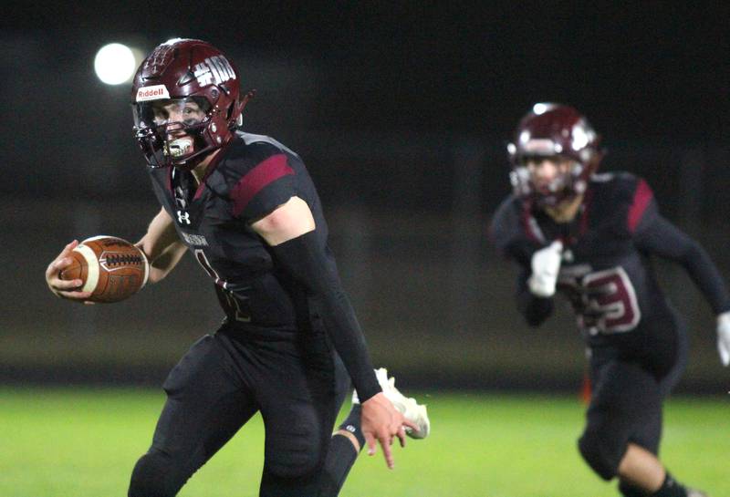 Marengo’s David Lopez runs the ball against Richmond Burton in varsity football at Rod Poppe Field on the campus of Marengo High School in Marengo on Friday, Oct. 18, 2024.