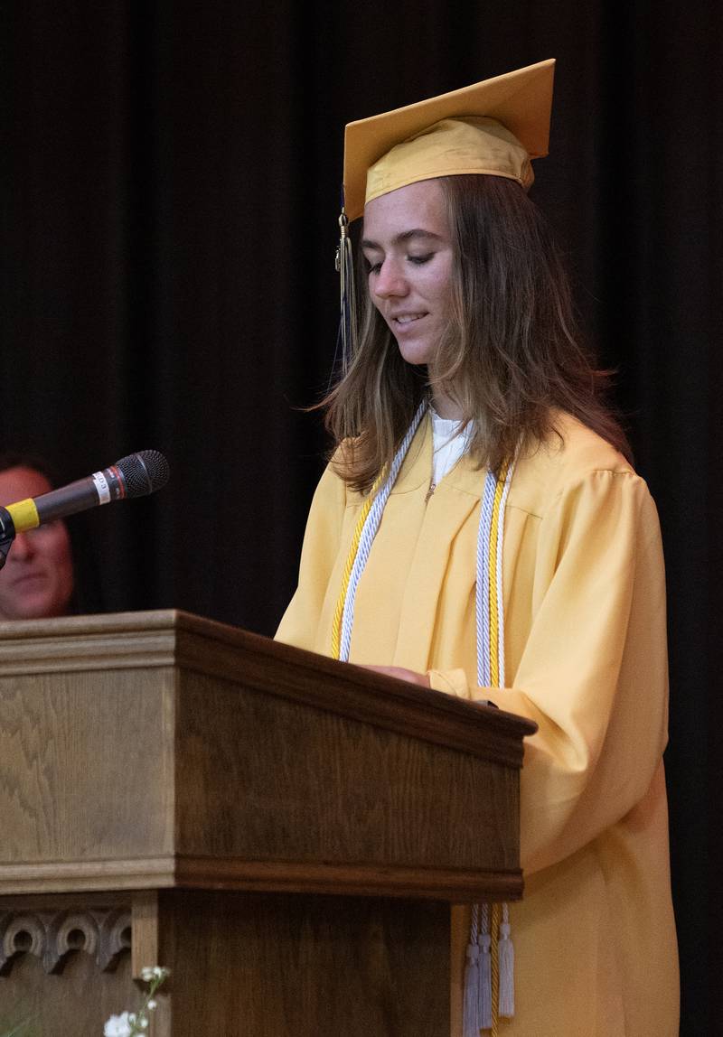 Marquette High School Salutatorian Mary Lechtenberg addresses her fellow graduates Sunday, May 26, 2024, during their commencement ceremony.