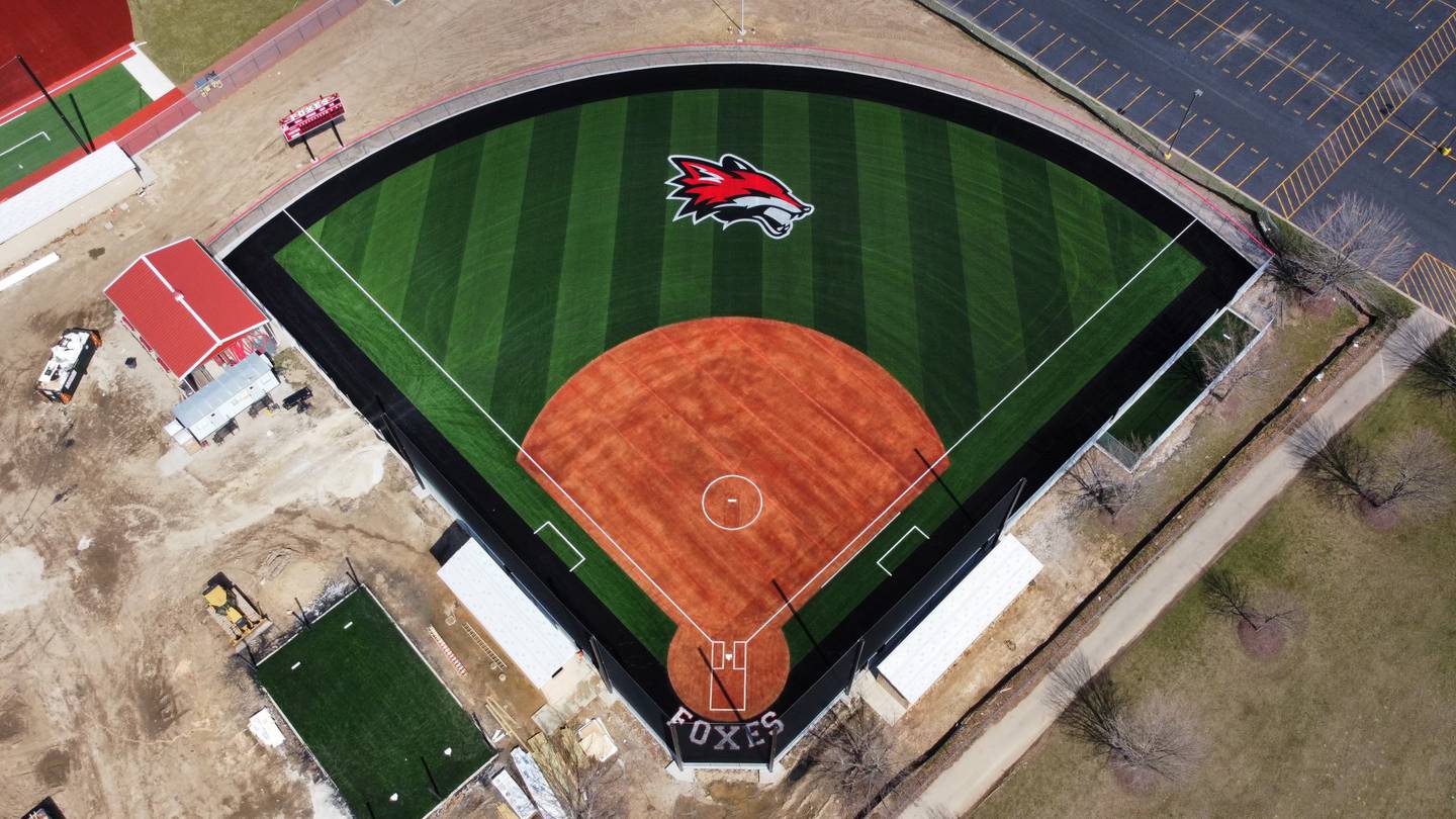 Pictured is an aerial view of the new Yorkville High School turf softball field.