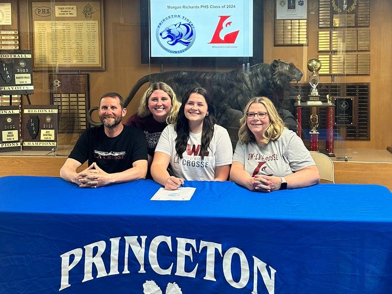 Princeton's Morgan Richards has signed with the University of Wisconsin-LaCrosse for track & field. She was joined at her signing by her dad, Robert (from left), her sister, Madison, and her mom, Kelly.