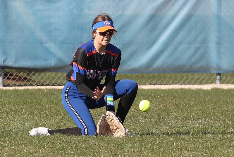 Genoa-Kingson's Faith Thompson gathers in a grounder in left field during their game against Oregon Tuesday, April 9, 2024, at Genoa-Kingston High School.