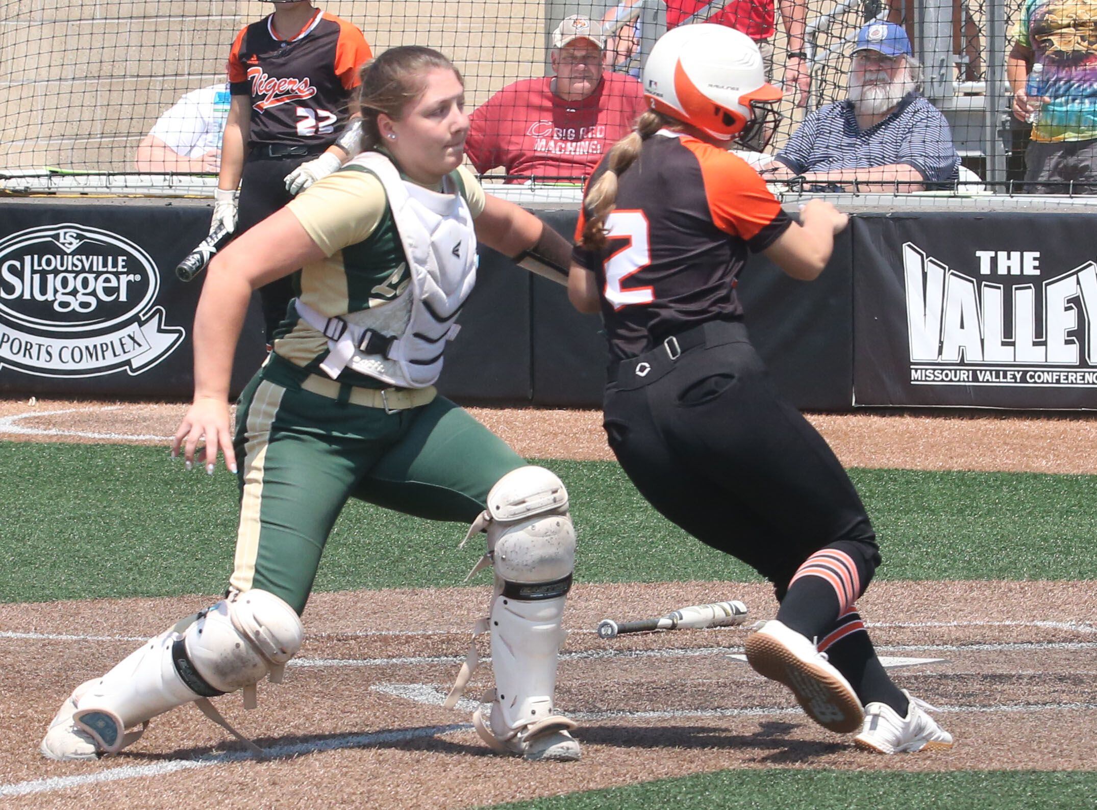 St. Bede catcher Bella Pinter tags out Illini Bluffs sophomore Anna Tibbs at the plate in the Class 1A state championship game on Saturday, June 3, 2023 at the Louisville Slugger Sports Complex in Peoria.