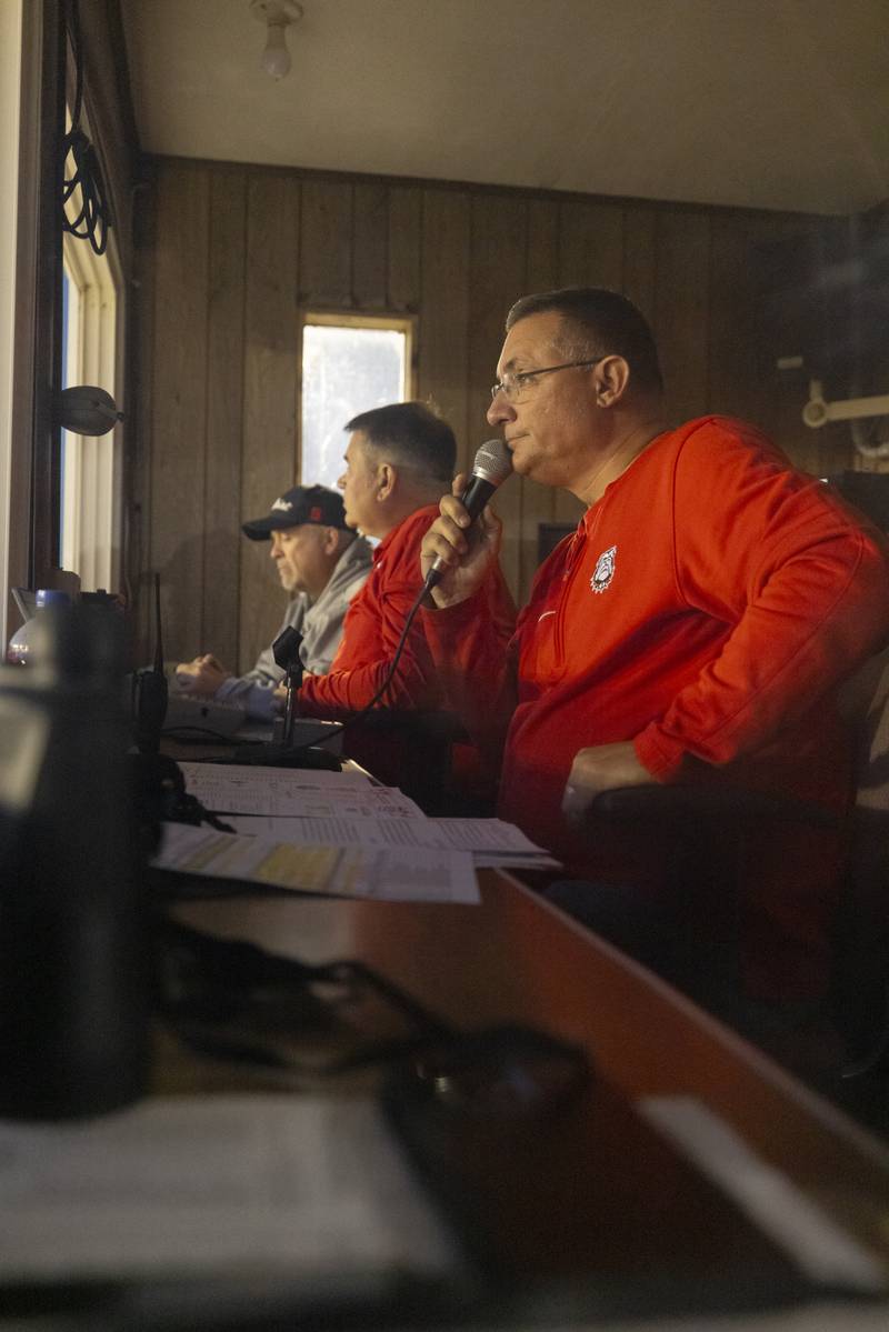 Scott Cameron announces the Streator versus Reed-Custer game from the booth at Doug Dieken Field on October 18, 2024.