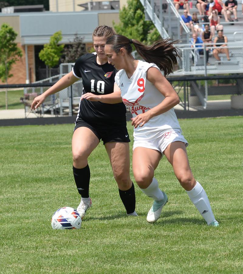 Oregon's Kenna Wubbena (9) and Stillman Valley's Olivia Voltzat (10) chase a ball at the 1A Indian Creek Sectional on Saturday, May 18, 2024.