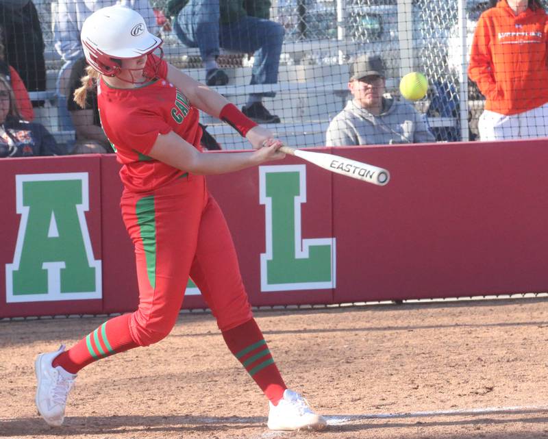 L-P's Taylor Vescogni smacks a hit against Kewanee on Monday, March 11, 2024 at the L-P Athletic Complex in La Salle. a