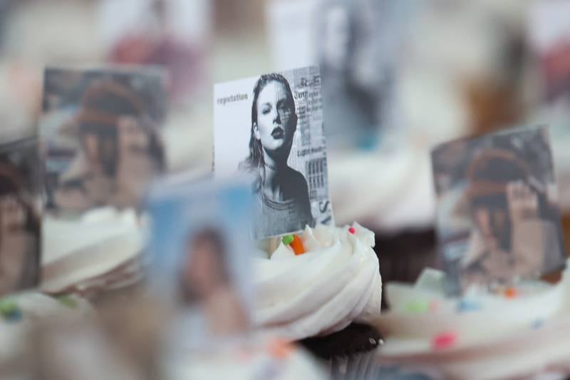 Cupcakes are decoration with various Taylor Swift album covers at the Taylor Swift fan party hosted by the Lockport Township Park District on Saturday, Feb. 10, 2024 in Lockport.