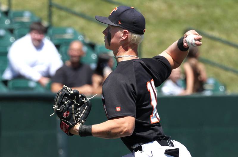 Crystal Lake Central's Tommy Korn delivers a pitch during their Class 3A state semifinal game against Morris Friday, June 7, 2024, at Duly Health and Care Field in Joliet.